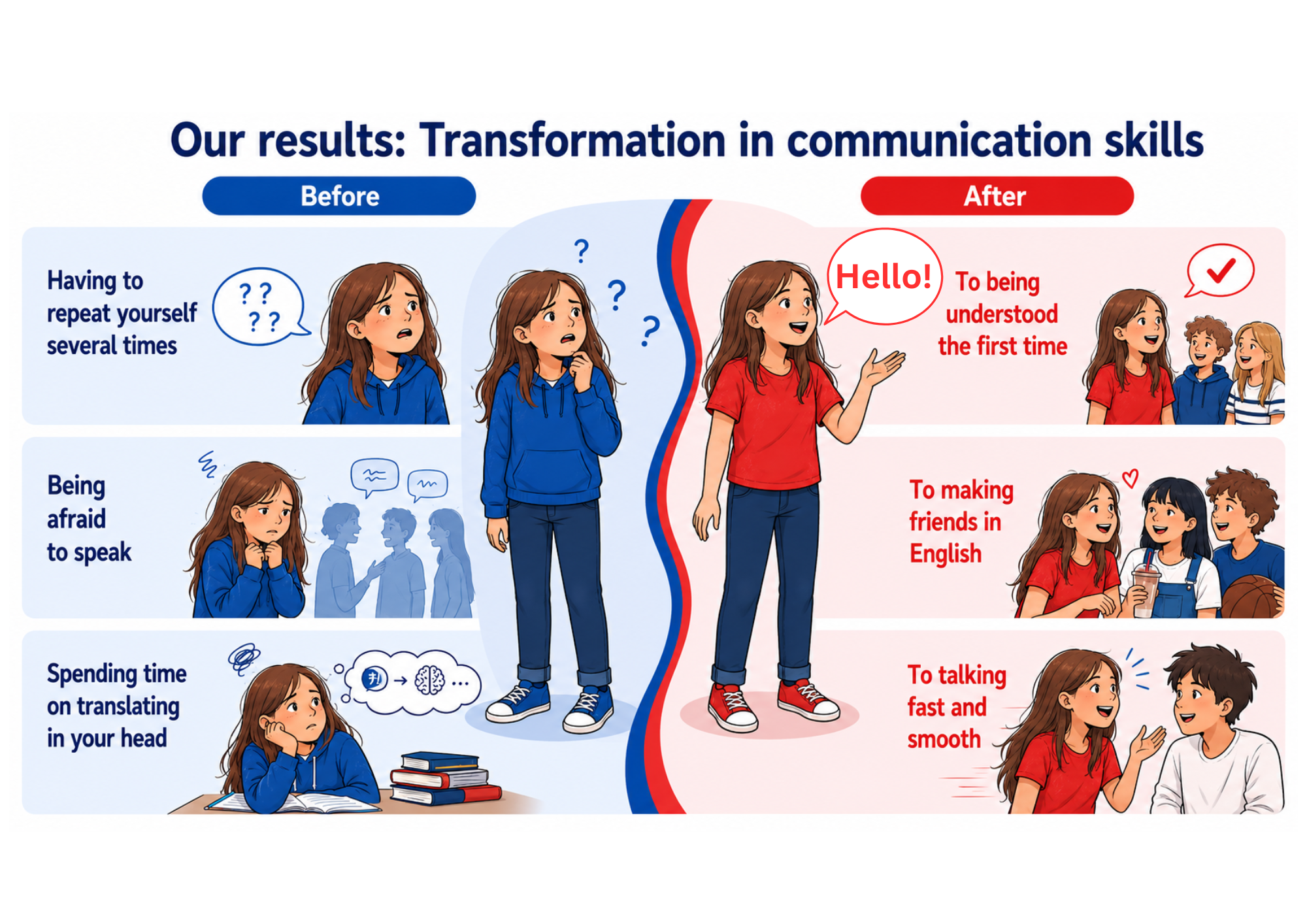 Before and after illustration: a student who used to repeat herself, was afraid to speak and translated in her head, now understood the first time, making friends in English and speaking fast and smoothly