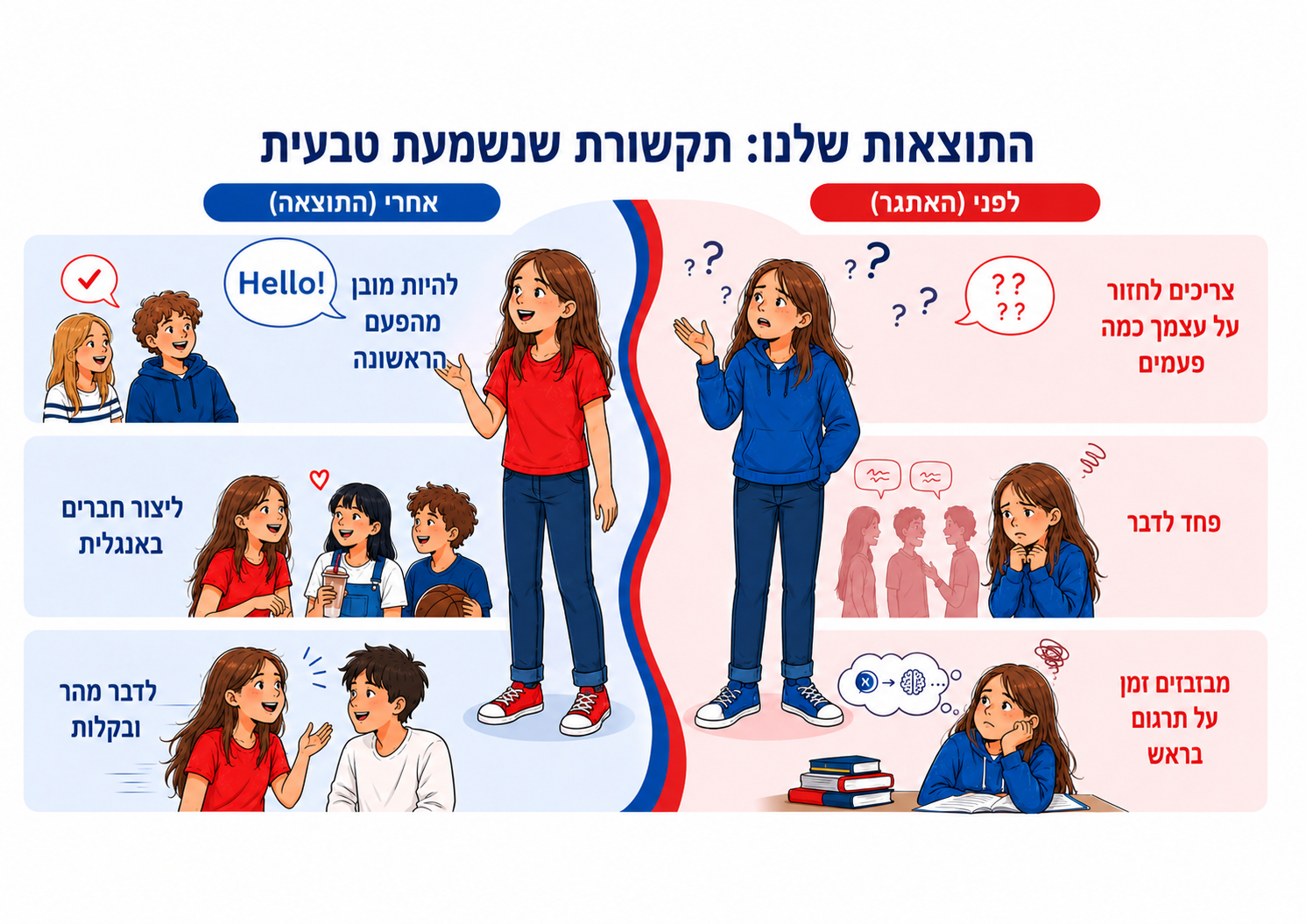 איור לפני ואחרי: תלמידה שהייתה צריכה לחזור על עצמה, פחדה לדבר ותרגמה בראש, וכעת מובנת מהפעם הראשונה, יוצרת חברים באנגלית ומדברת מהר ובקלות